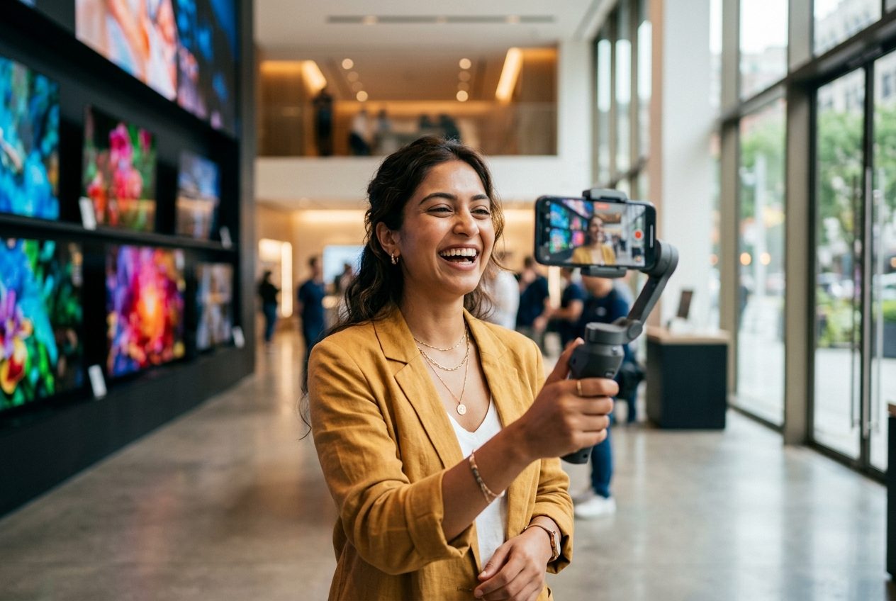 Creator filming a reel on a phone gimbal inside a bright ValuePlus electronics showroom