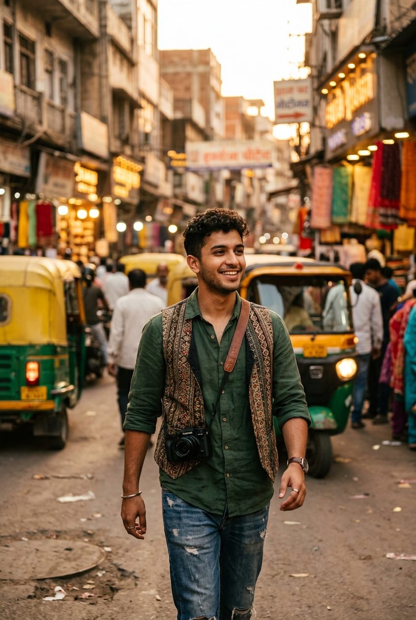 Creator walking through a city market street at golden hour