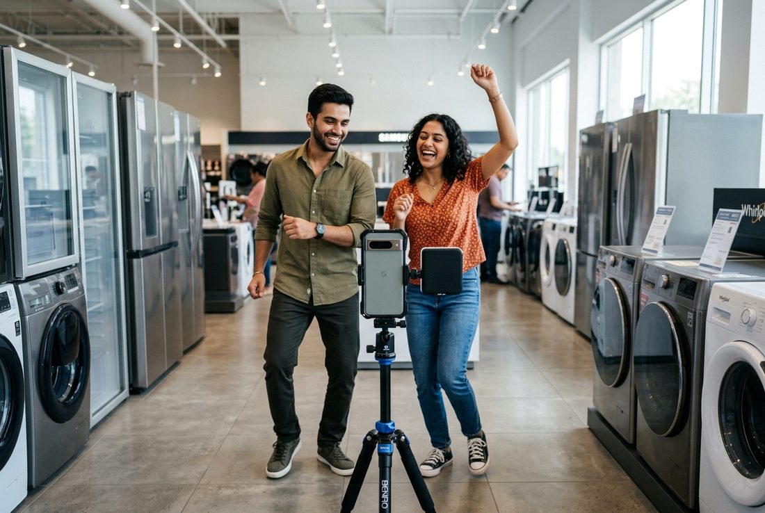 Two creators filming a reel in the appliance aisle