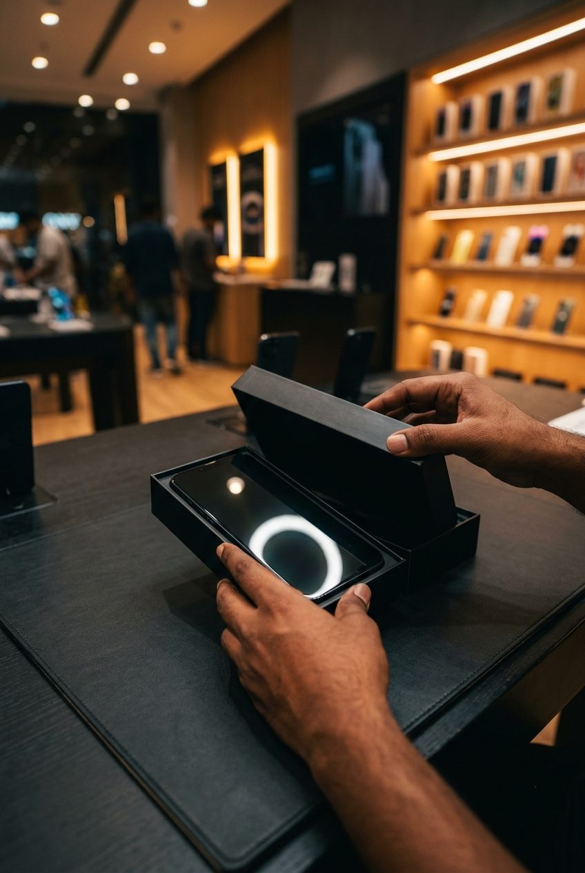 Hands unboxing a new smartphone on a display table