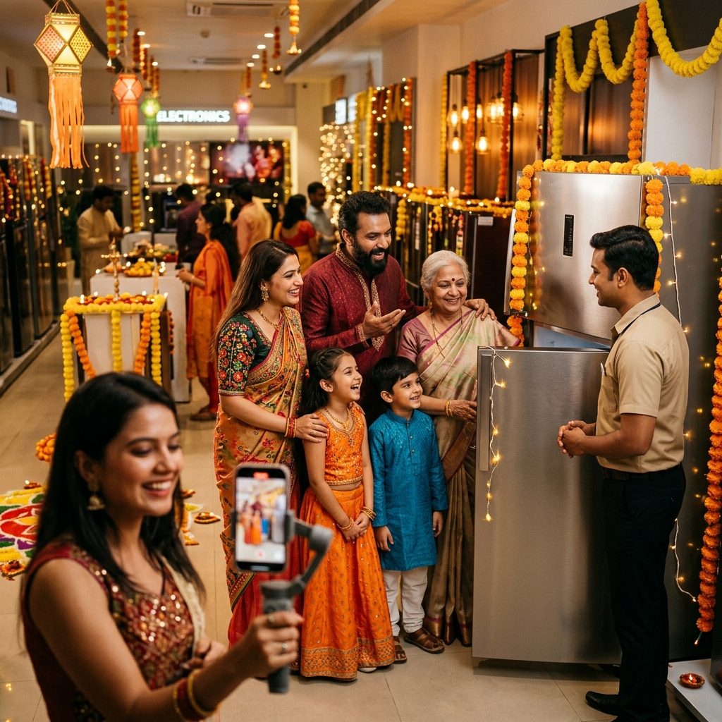 Family shopping for a refrigerator in a festive showroom
