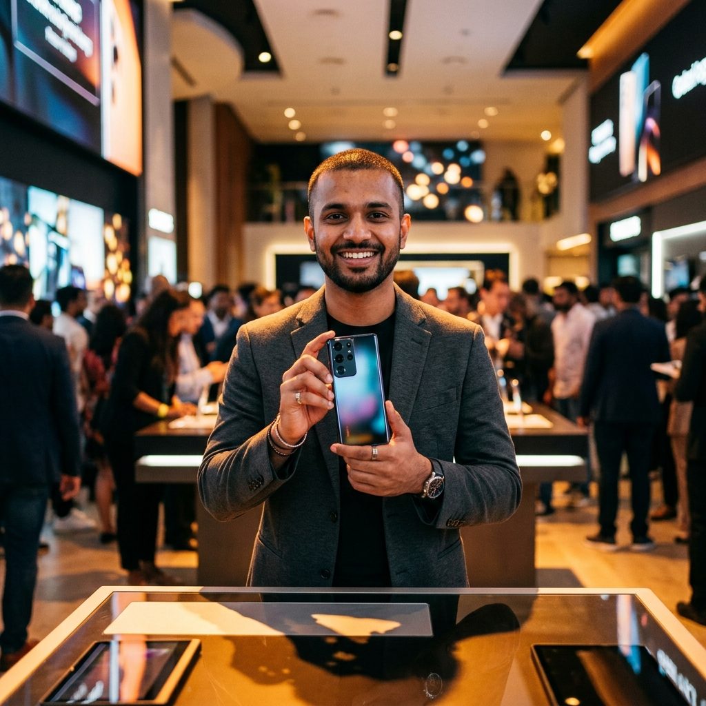 Creator presenting a new smartphone at a launch display
