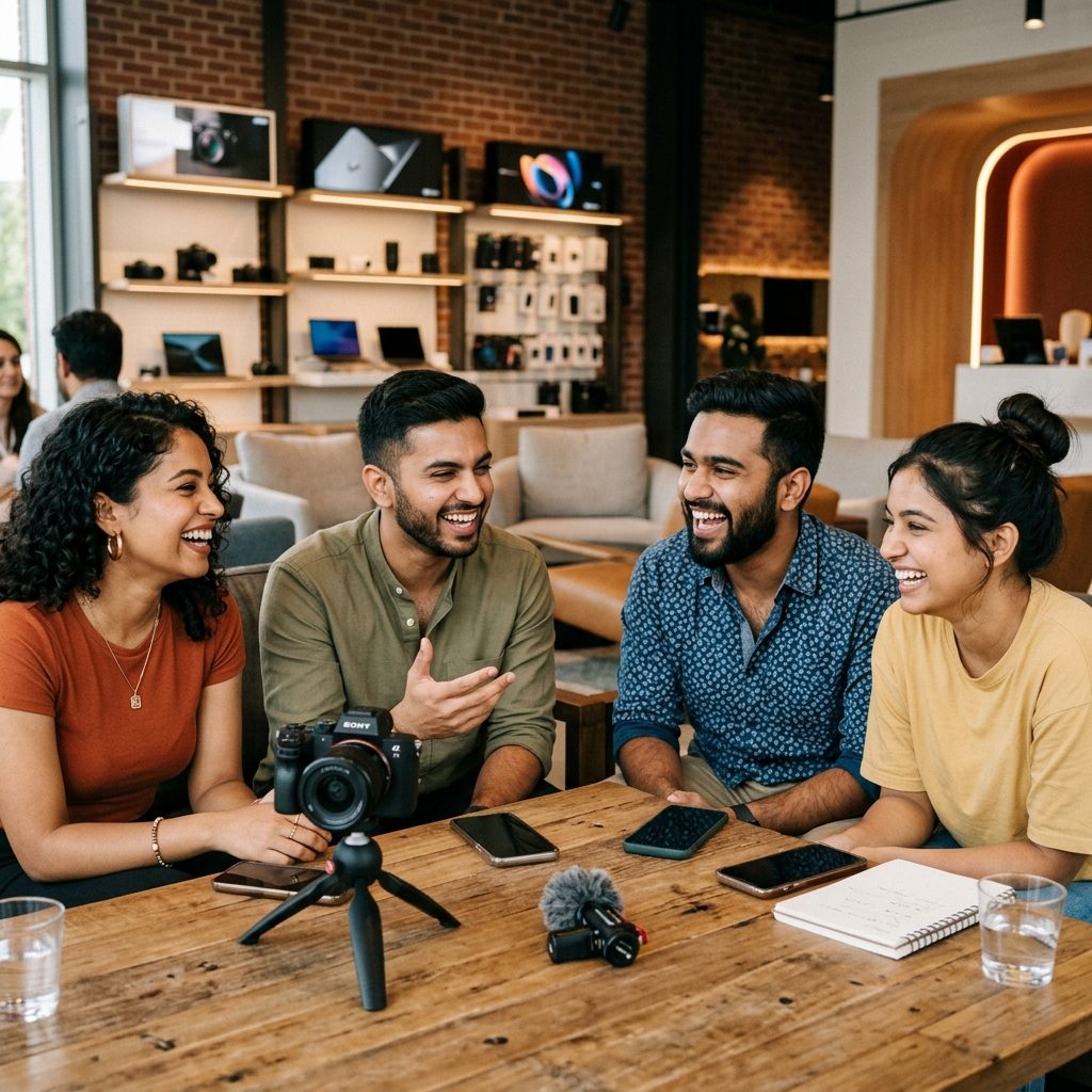 Group of creators at a meetup in a showroom lounge