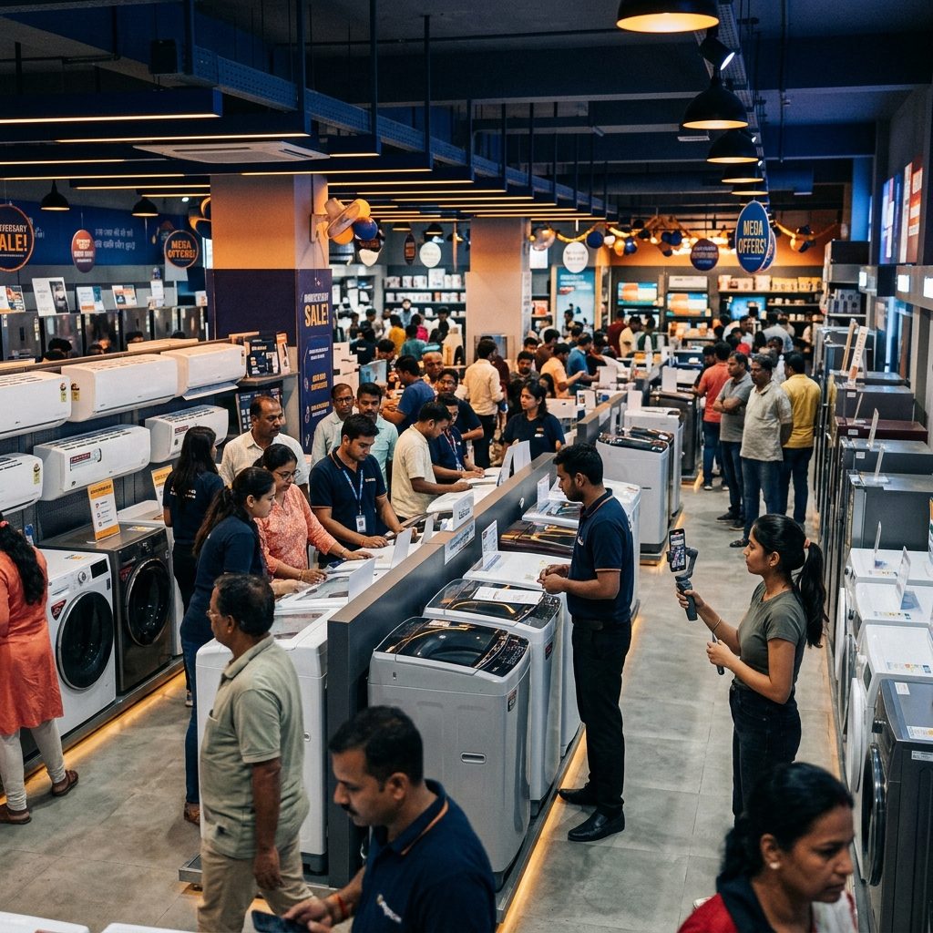 Busy sale day inside a large electronics store